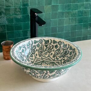Handmade Moroccan Brass Bathroom Sink – Custom Ceramic Vanity Basin with Artistic Glaze, Elegant Round Lavabo for Modern Bathrooms
