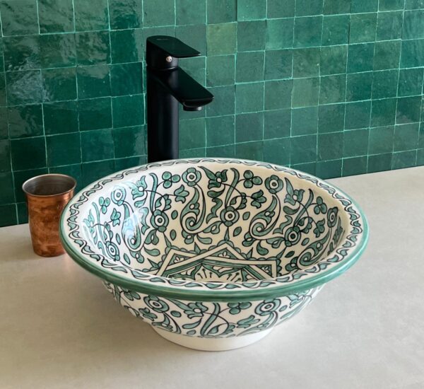 Handmade Moroccan Brass Bathroom Sink – Custom Ceramic Vanity Basin with Artistic Glaze, Elegant Round Lavabo for Modern Bathrooms