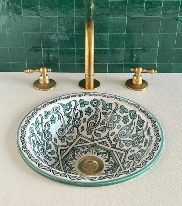 Handmade Moroccan Brass Bathroom Sink – Custom Ceramic Vanity Basin with Artistic Glaze, Elegant Round Lavabo for Modern Bathrooms - Image 5