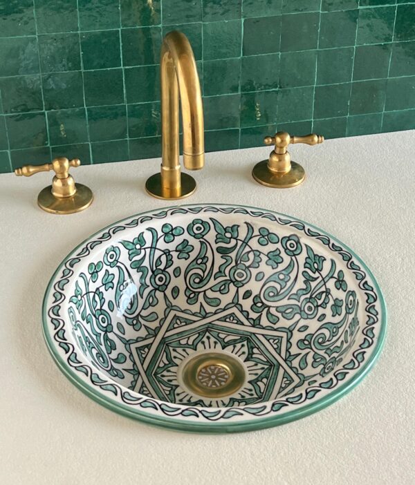 Handmade Moroccan Brass Bathroom Sink – Custom Ceramic Vanity Basin with Artistic Glaze, Elegant Round Lavabo for Modern Bathrooms - Image 8