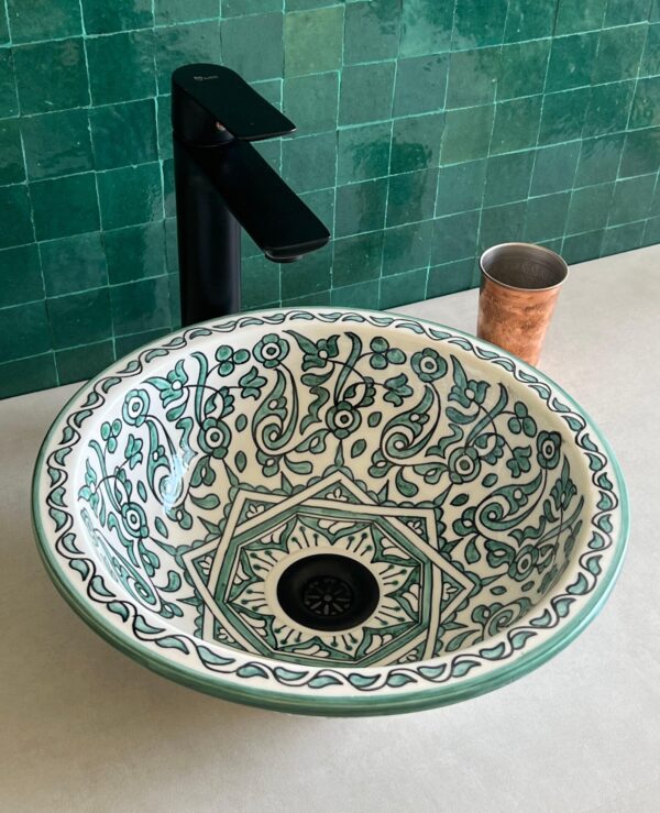 Handmade Moroccan Brass Bathroom Sink – Custom Ceramic Vanity Basin with Artistic Glaze, Elegant Round Lavabo for Modern Bathrooms - Image 2